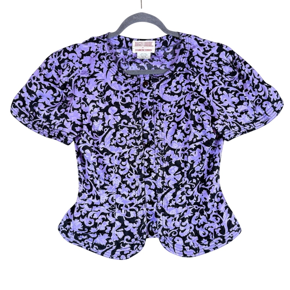 Maggy London Silk Peplum Blouse Vintage 1980s Jeannenen Booher Purple Black 4361